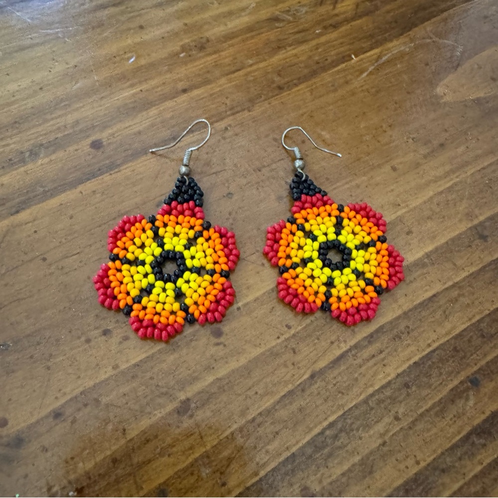 Glass Beaded Floral Dangle Earrings in Red from Ecuador, "Blazing Flowers"